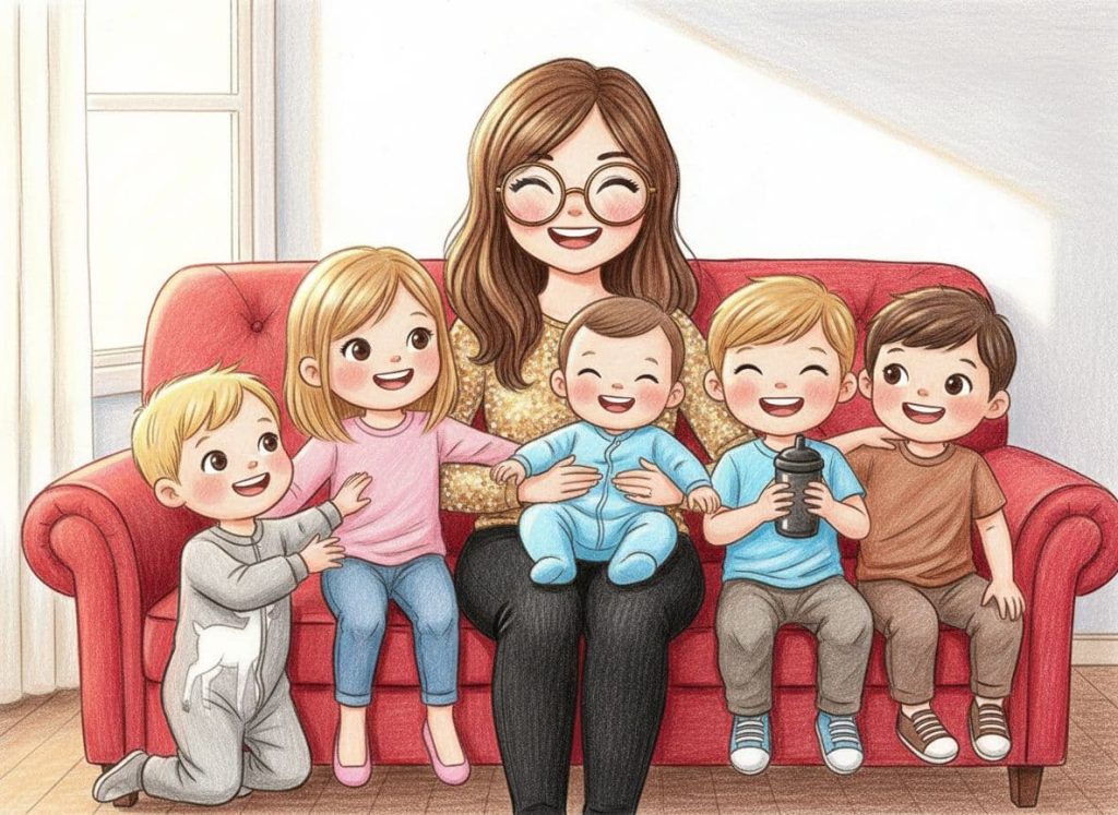 sketch of Sandra Orchard surrounded by her grandchildren